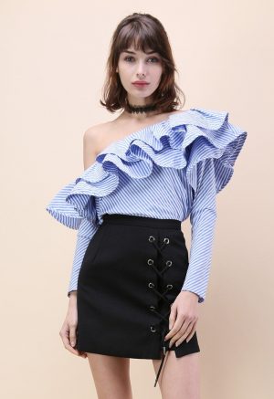 One-shoulder Ruffle Striped Top