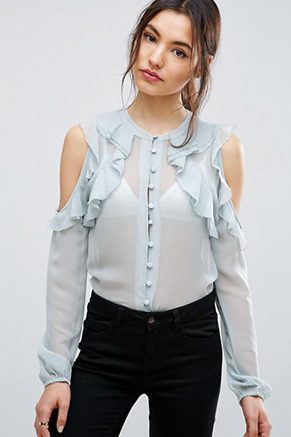 Collarless Ruffle Cold Shoulder Blouse