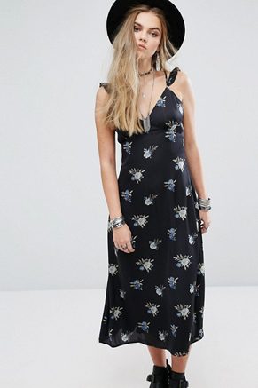 Honey Punch Midi Slip Dress With Harness Ruffle Straps In Dark Floral