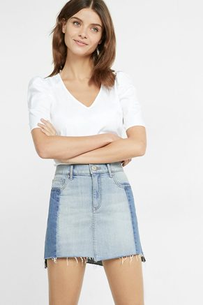 Mid Rise Two Tone Denim Mini Skirts