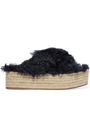 Miu Miu Faux Shearling Espadrille Platform Sandals