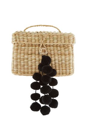 Nannacay Straw Baby Roge Black Pom Pom Bag