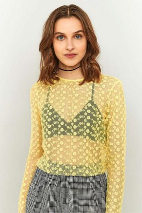 Pins And Needles Embroidered Mesh Cropped Top